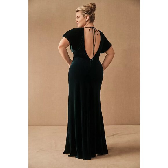 NWOT Jenny Yoo Ellis Flutter-Sleeve Open-Back Stretch Velvet Gown - Picture 7 of 8